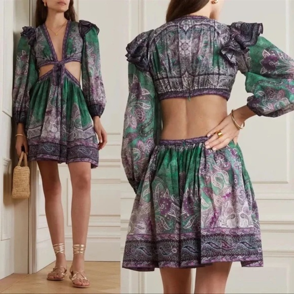 Zimmermann Ruffle Mini Dress in Teal Paisley